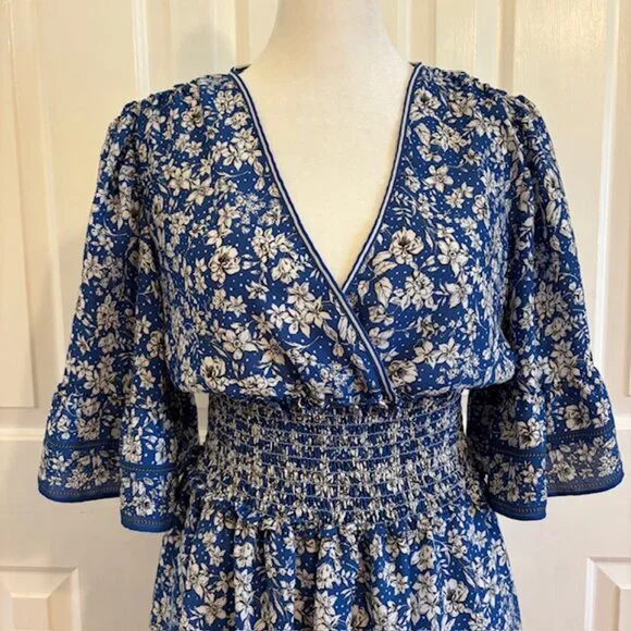 Max Studio Royal Blue Floral Smocked Tiered Mini Dress w/Flutter Sleeves Size S - Picture 2 of 10